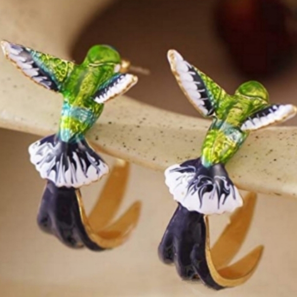 Blue Green Gold Flying Hummingbird Hoops Bird Hoop Earrings Enamel Hummingbirds - Picture 2 of 8